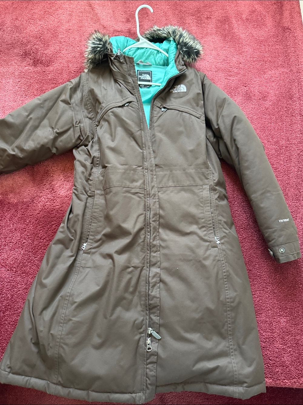 The North Face Brown Parka with Teal Lining